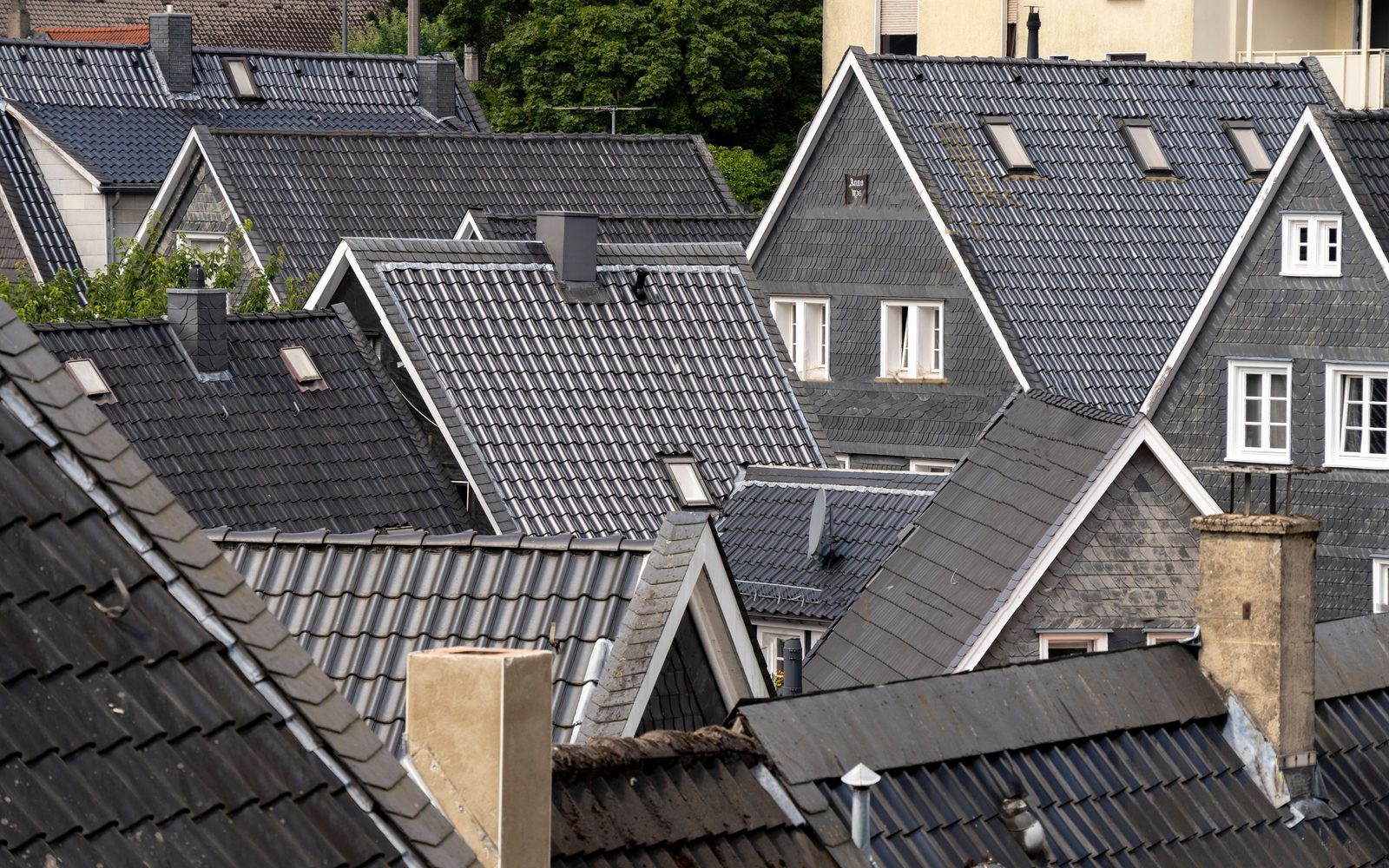 Pitched roofs across a suburban street